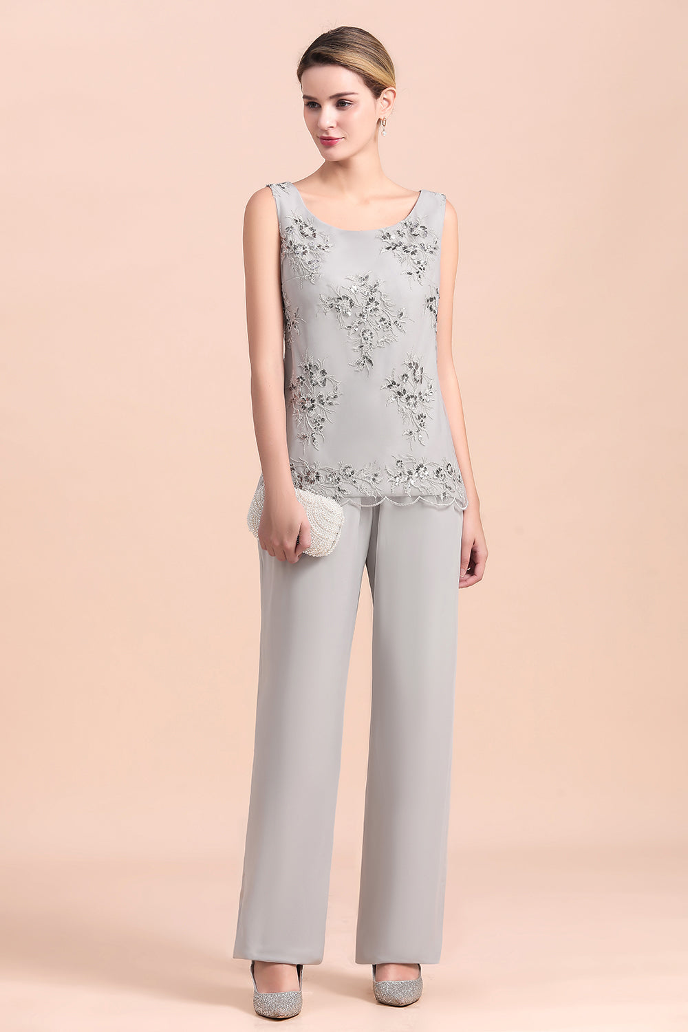 Glamorous Appliques Sleeveless Silver Chiffon Mother of Bride Jumpsuit With Wrap