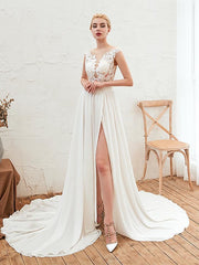 Boho Long A-line Jewel Neck Court Train Chiffon Wedding Dresses with Slit