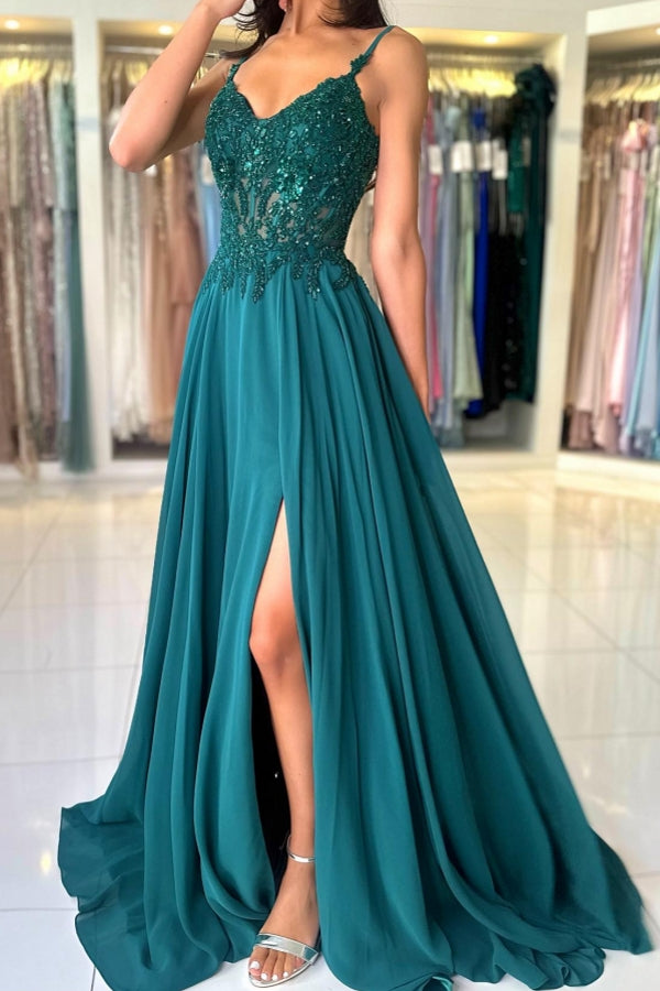Elegant Long A-line Spaghetti Straps V-neck Chiffon Prom Dress with Silt