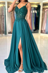 Elegant Long A-line Spaghetti Straps V-neck Chiffon Prom Dress with Silt