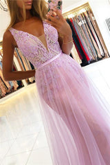 Long Straps A-line Lace V-neck Prom Dress