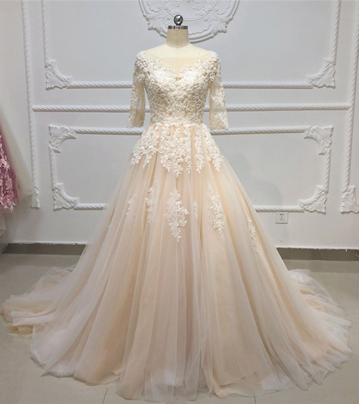 Champagne Tulle Lace Applique Half Sleeve Long A-line Wedding Dress