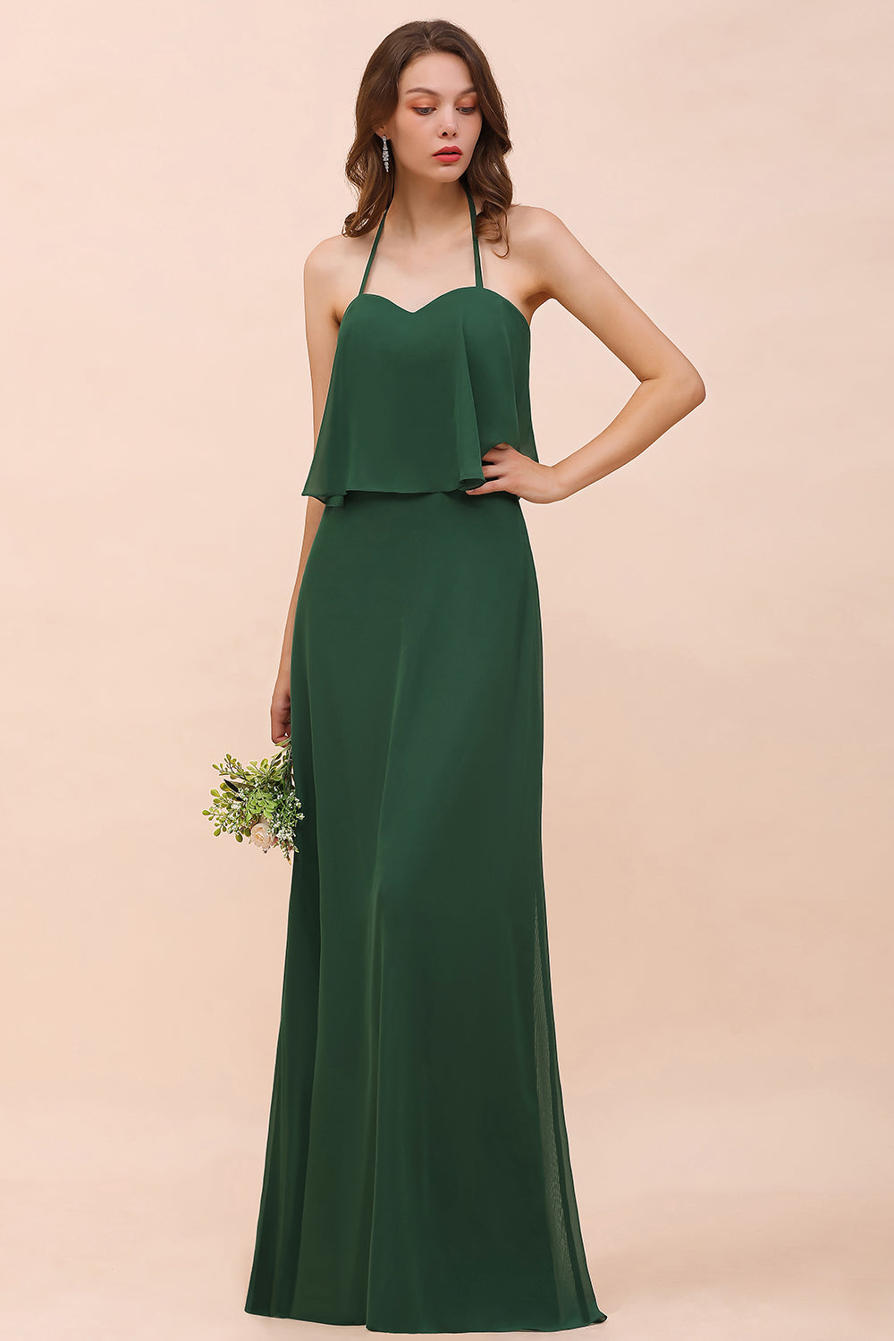 Dark Green Chiffon Spaghetti Straps Bridesmaid Dress Casual A-Line Party Dress