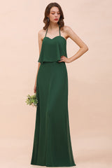 Dark Green Chiffon Spaghetti Straps Bridesmaid Dress Casual A-Line Party Dress