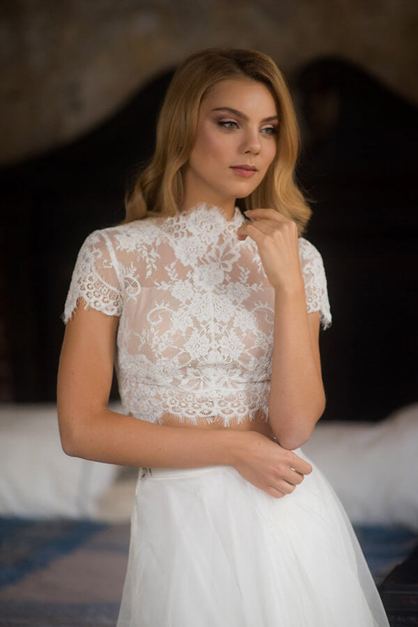 Long A-line Lace Tulle Two Piece Wedding Dress with Short Sleeve