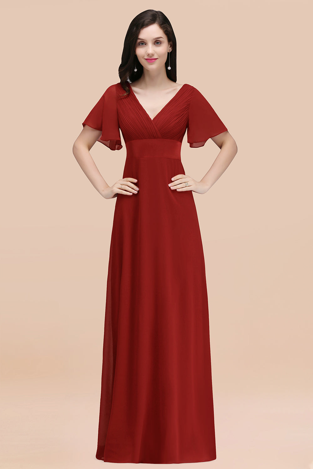 Simple A-Line Chiffon V-Neck Short Sleeves Ruffles Floor Length Bridesmaid Dresses