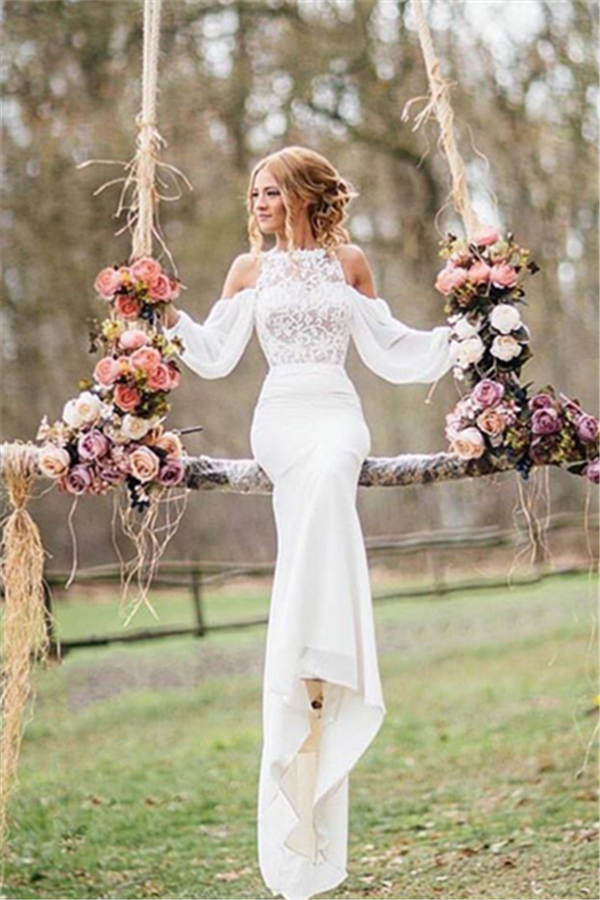 Elegant Lace Long Mermaid Chiffon Wedding Dresses with Sleeves