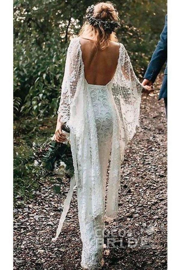 Ivory Boho Long Mermaid Lace Backless Wedding Dress with Batwing Sleeve