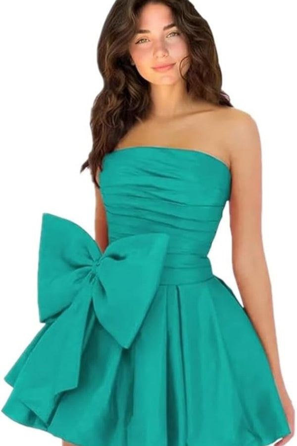 Simple Short A-line Strapless Sleeveless Ruffle Satin Homecoming Dress