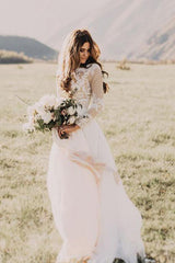 Long Appliques Lace Chiffon A-line Wedding Dress with Long Sleeves
