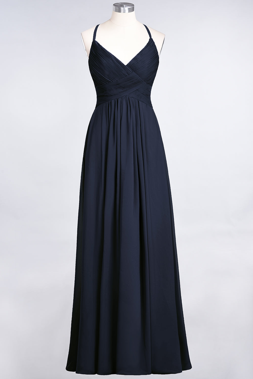 A-Line Chiffon Spaghetti Straps V-Neck Sleeveless Floor Length Bridesmaid Dress with Ruffles