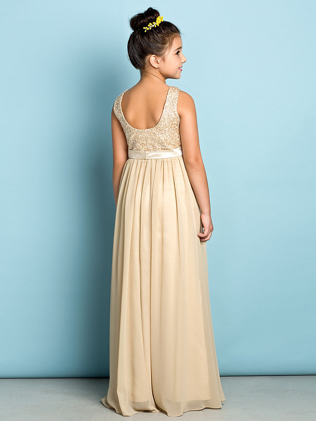 Long A-Line Scoop Neck Floor Length Chiffon Lace Junior Bridesmaid Dress