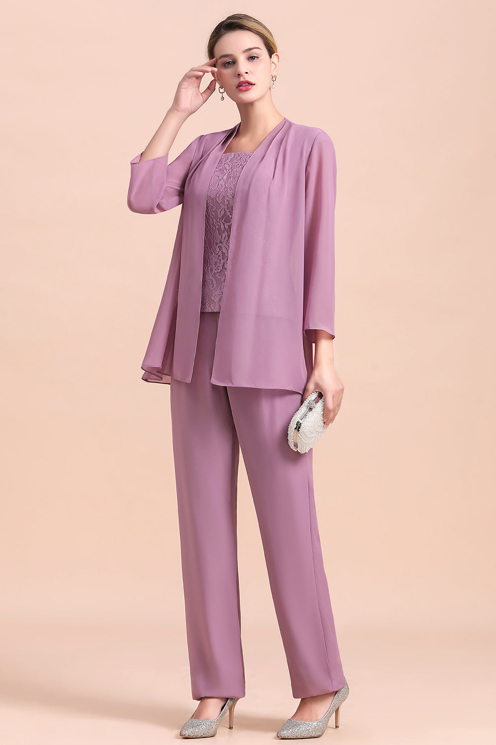 Elegant Lace Cap Sleeves Chiffon Mother of Bride Jumpsuit With Wrap