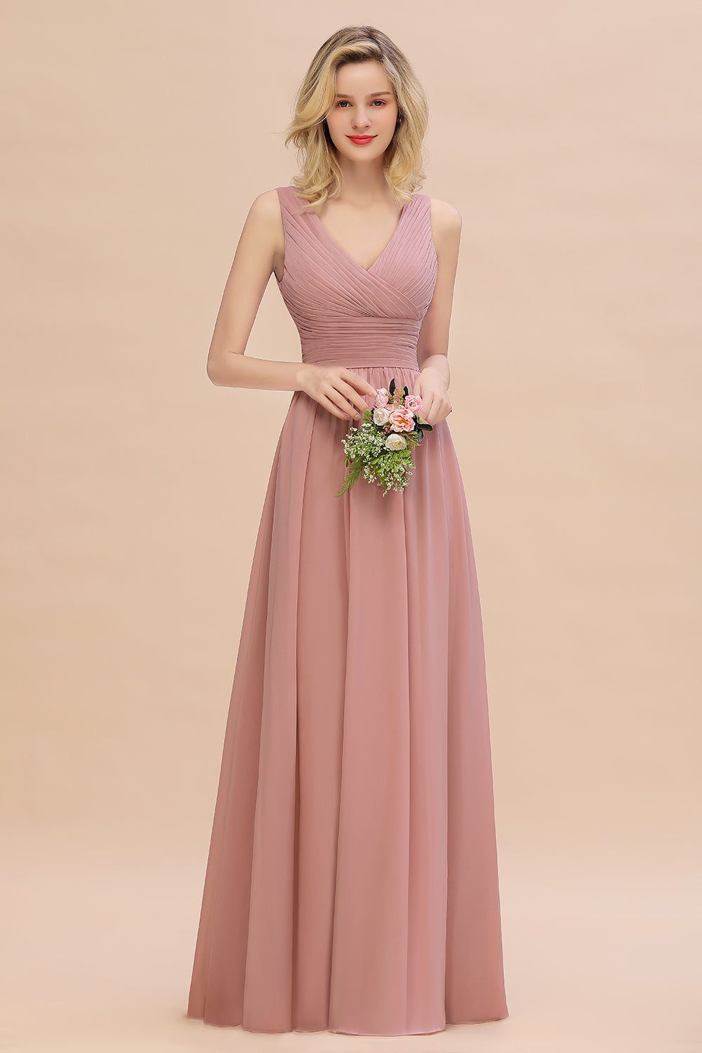 Elegant A-line V-Neck Ruffles Long Bridesmaid Dress