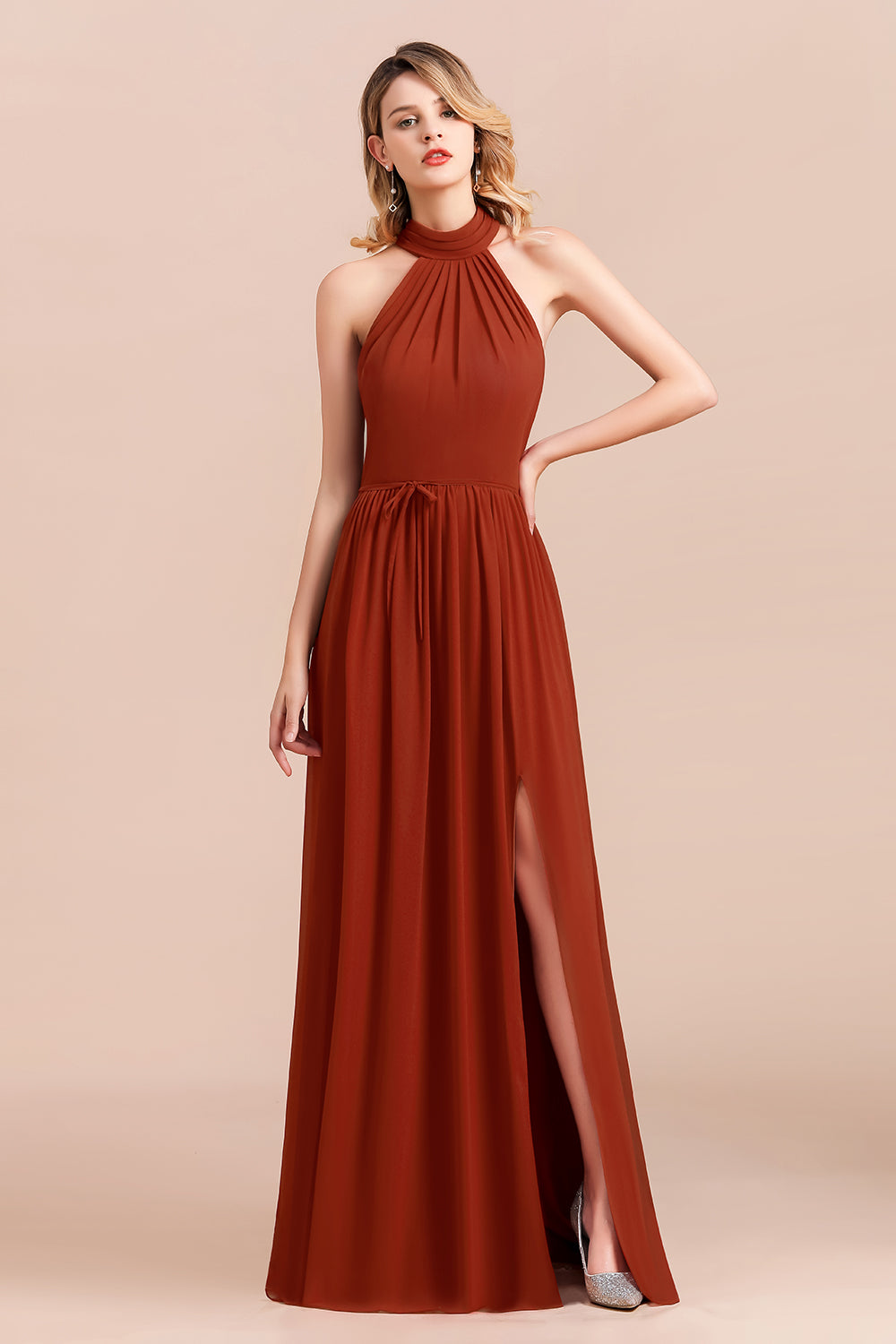 A-Line Halter Chiffon Floor Length Ruched Bridesmaid Dress With Side Slit