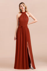 A-Line Halter Chiffon Floor Length Ruched Bridesmaid Dress With Side Slit