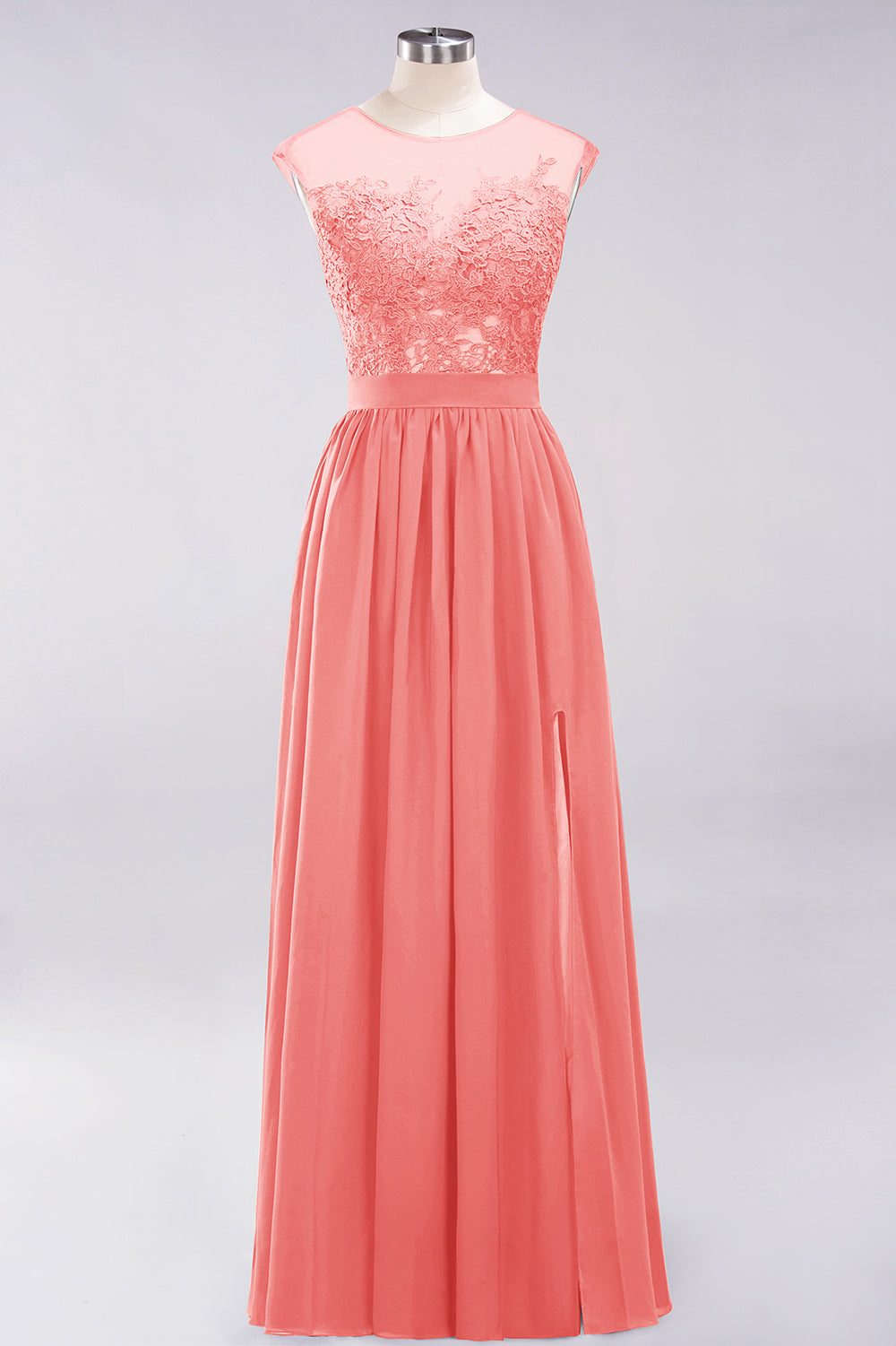 A-line Chiffon Lace Jewel Sleeveless Floor Length Bridesmaid Dresses with Appliques