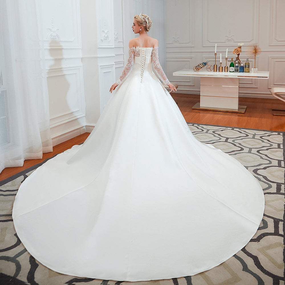 Stunning Off the Shoulder Long Sleeve A-Line Satin Church Wedding Dress