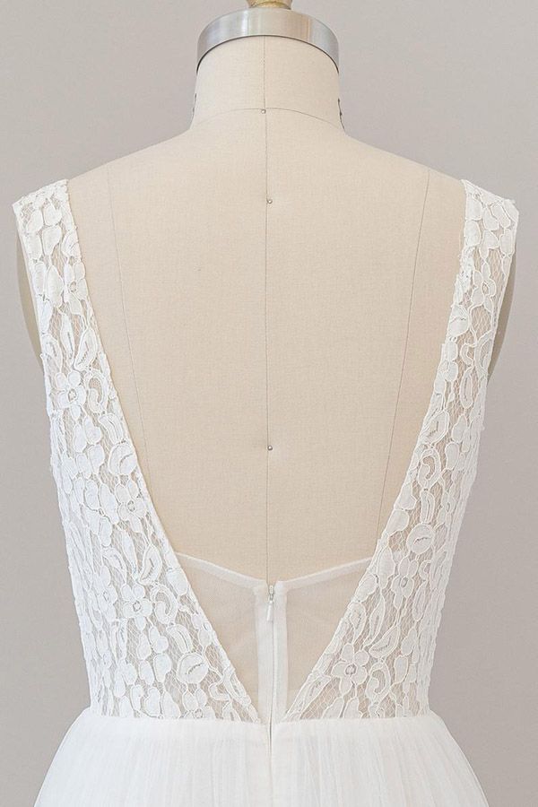Long Open Back V-neck Lace Tulle A-line Wedding Dress