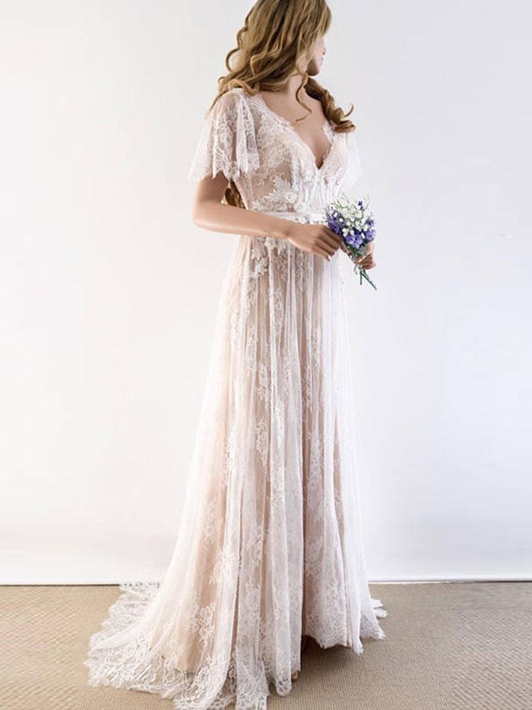 Gorgeous Long A-line V-Neck Cap Sleeves Lace Wedding Dresses
