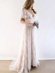 Gorgeous Long A-line V-Neck Cap Sleeves Lace Wedding Dresses