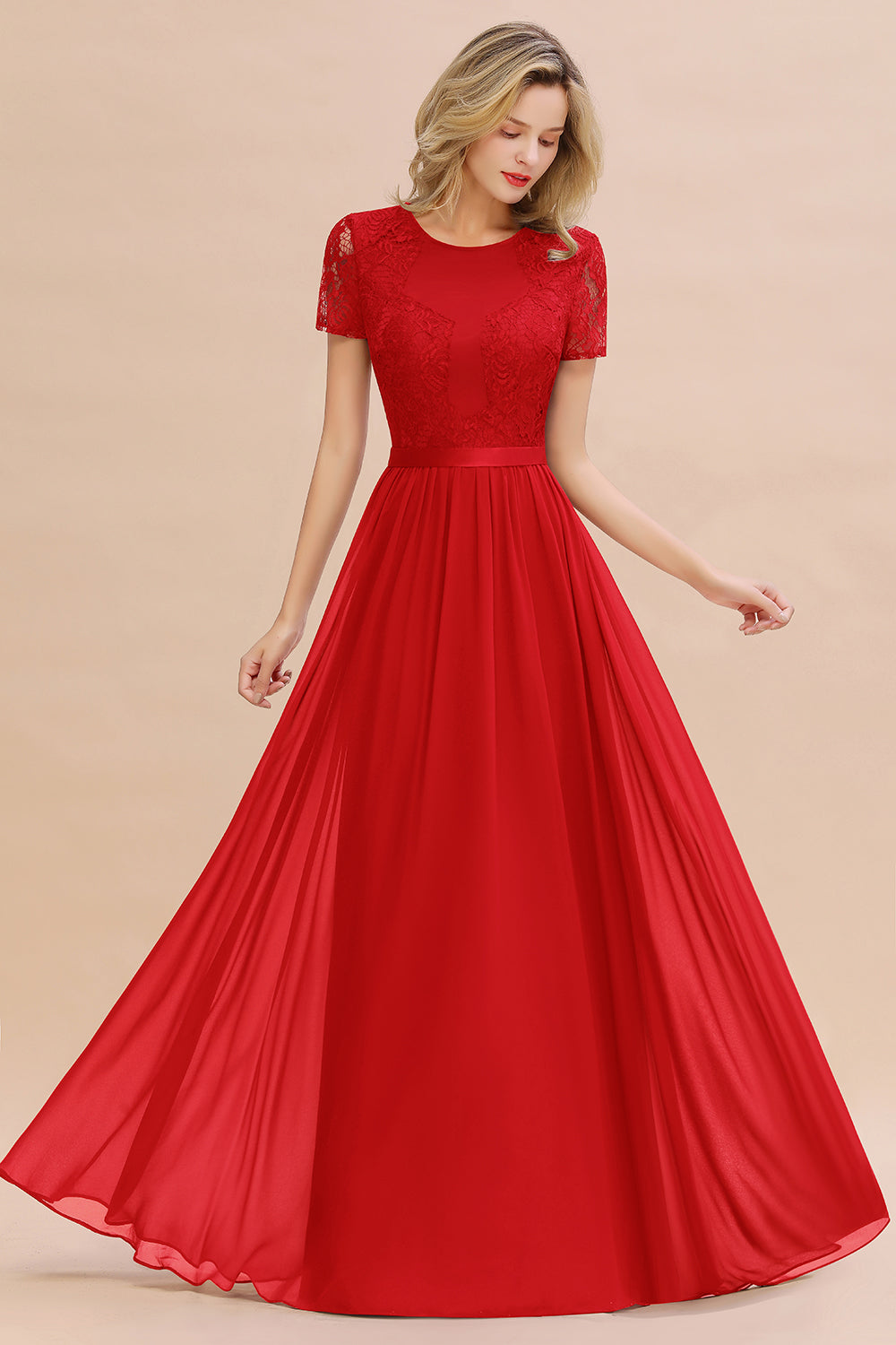 Chiffon Lace Scoop Short Sleeve Bridesmaid Dress