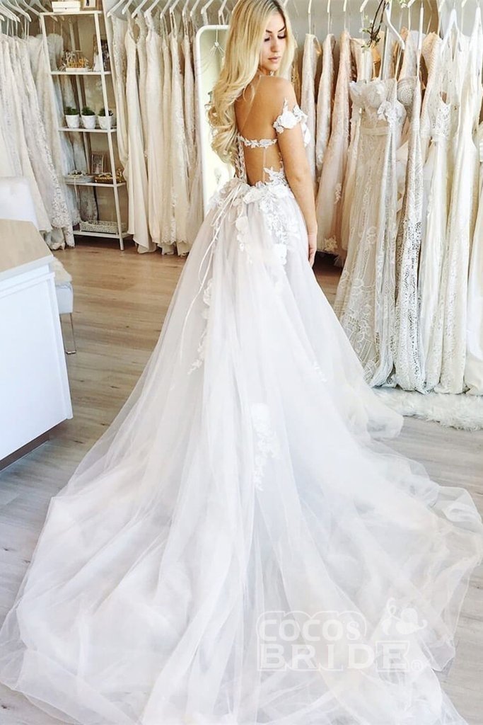 White Long A-line Off the Shoulder Chapel Train Appliques Tulle Wedding Dress