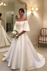 Simple Long A-Line Off the Shoulder Short Sleeve Satin Ruffles Train Wedding Dress