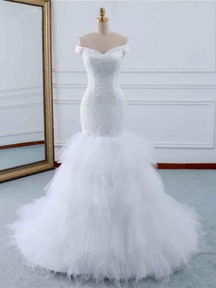 Long Off the Shoulder Mermaid Beads Tulle Wedding Dress