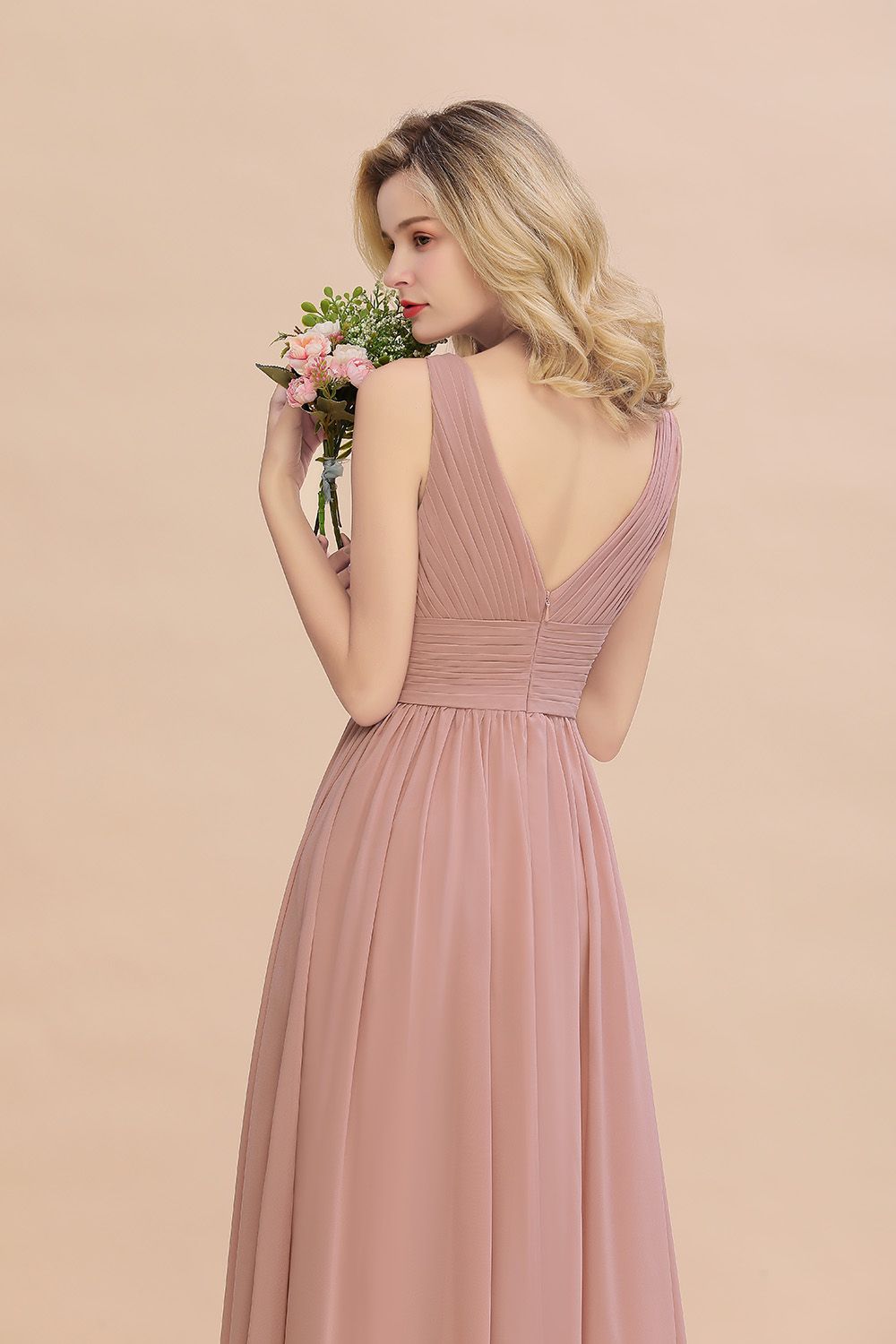 Elegant A-line V-Neck Ruffles Long Bridesmaid Dress