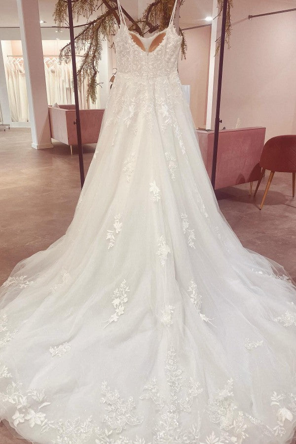 Elegant Long A-line Strapless Spaghetti Straps Lace Wedding Dresses with Appliques