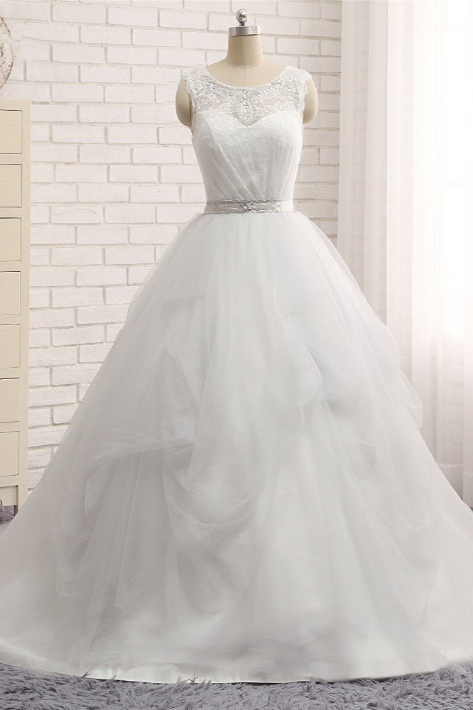 Elegant White Long A-line Jewel Tulle Lace Wedding Dress