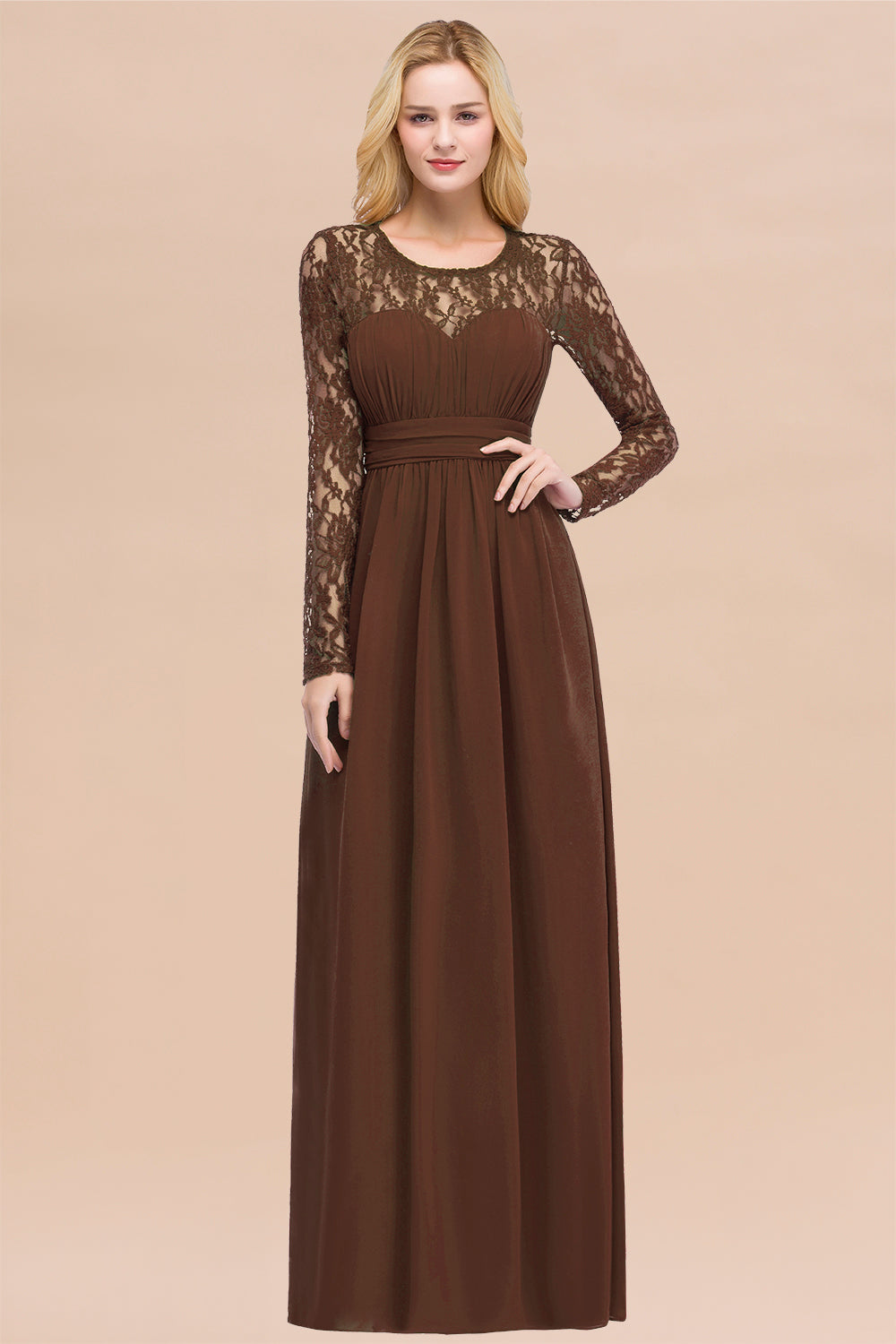 Elegant A-Line Chiffon Jewel Long Sleeves Ruffles Floor Length Bridesmaid Dresses