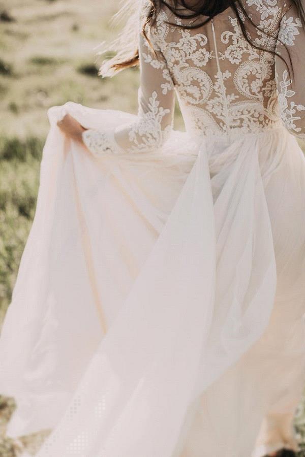 Long Appliques Lace Chiffon A-line Wedding Dress with Long Sleeves