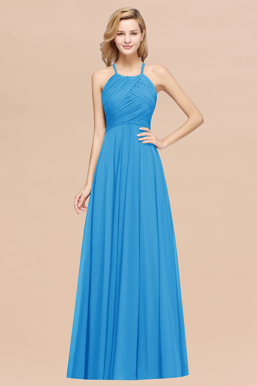 A-Line Chiffon Halter Ruffles Floor Length Bridesmaid Dress