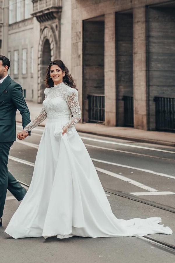 White Long A-line High Neck Chiffon Lace Wedding Dresses with Sleeves
