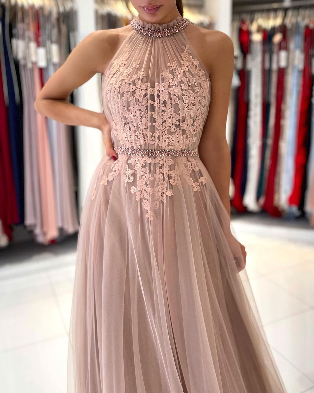 Stunning Long A-line Halter Tulle Formal Prom Dress with Lace Appliques