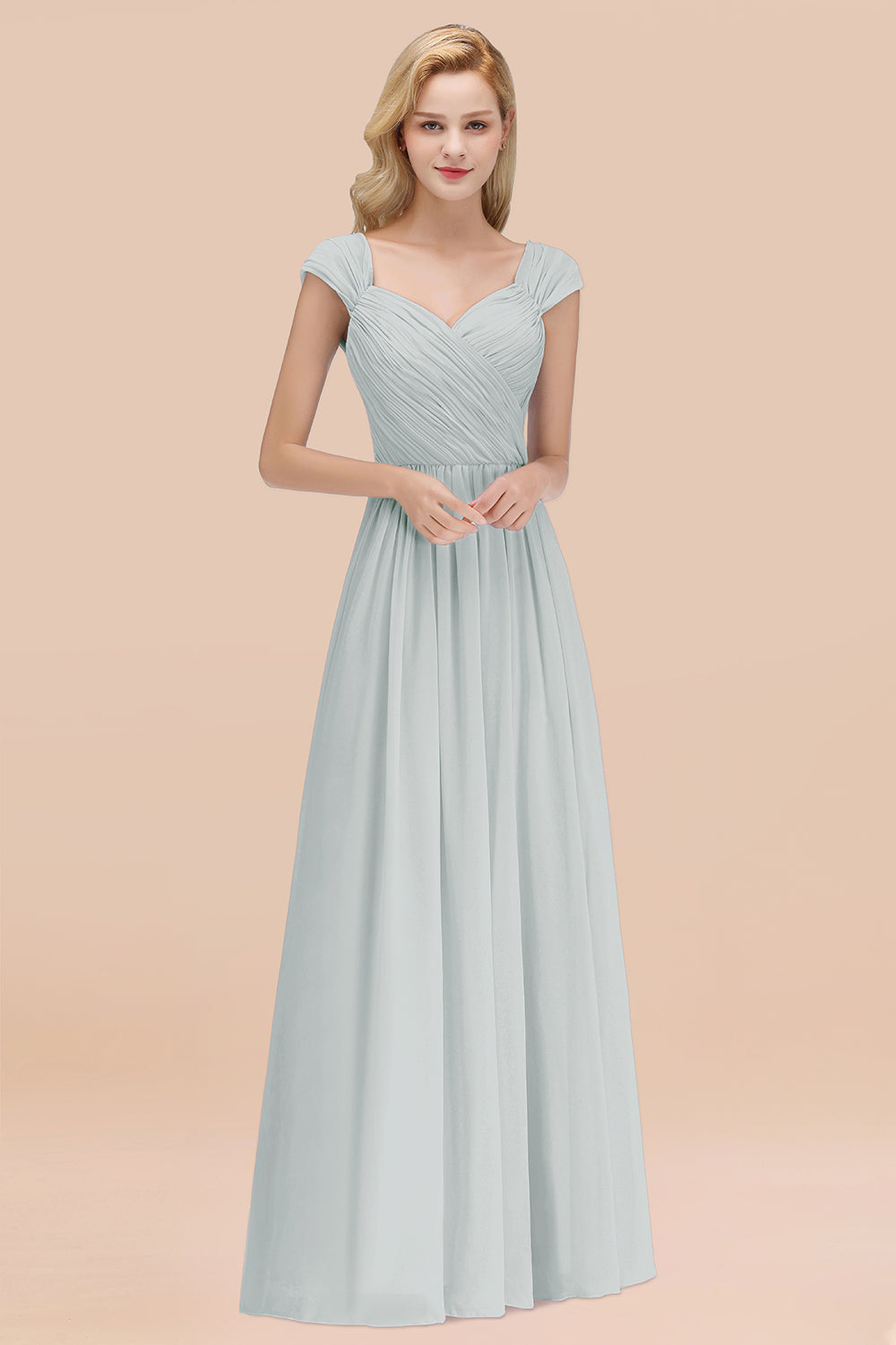 A-Line Chiffon Straps Sweetheart Sleeveless Floor Length Bridesmaid Dress with Ruffles