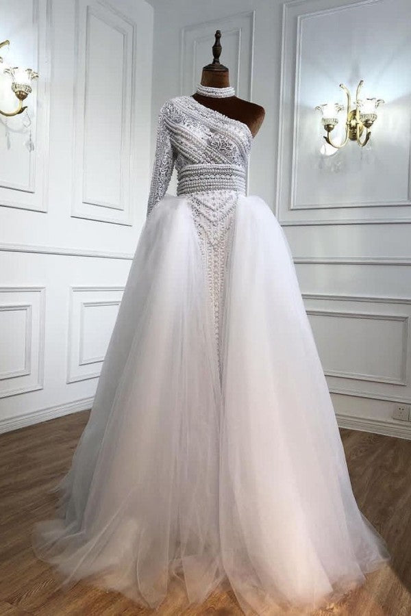 Elegant One Shoulder Long Sleeve Appliques Lace Floor Length Tulle Mermaid Prom Dress