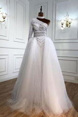 Elegant One Shoulder Long Sleeve Appliques Lace Floor Length Tulle Mermaid Prom Dress