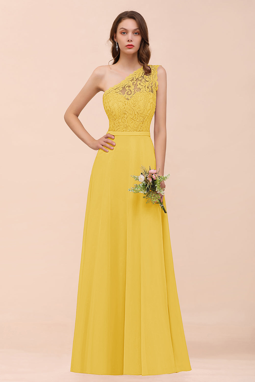 Classy One Shoulder Appliques Lace Floor Length A-Line Chiffon Bridesmaid Dress