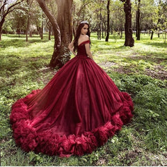 Burgundy Long Ball Gown Off the Shoulder Tulle Wedding Dresses