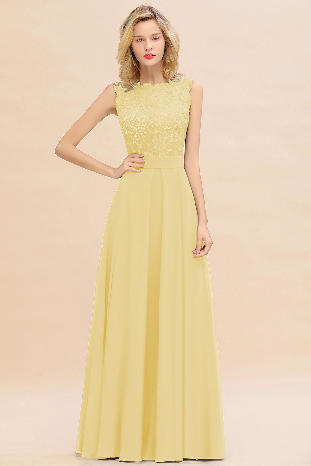 Long A-line Chiffon Lace Sleeveless Bridesmaid Dresses