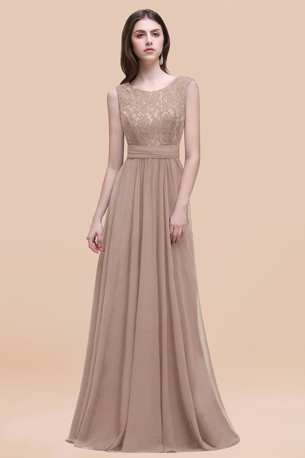 Elegant A-line Chiffon Lace Scoop Sleeveless Floor Length Bridesmaid Dress