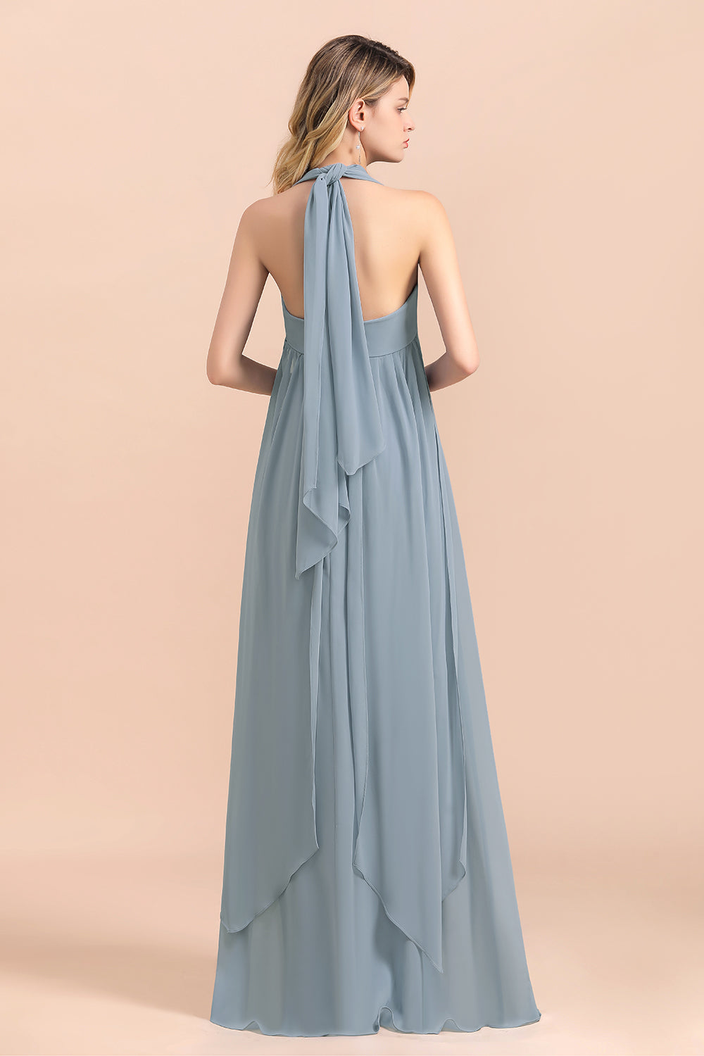 Dusty Blue Sleeveless A-Line Wedding Guest Dress Floor Length Bridesmaid Dress