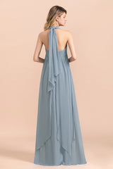 Dusty Blue Sleeveless A-Line Wedding Guest Dress Floor Length Bridesmaid Dress