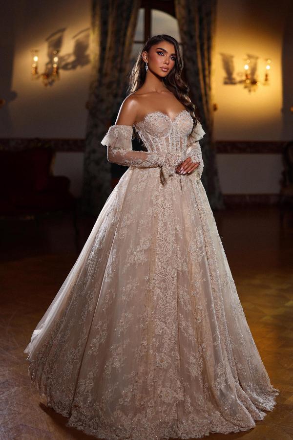 Sweetheart Lace A Line Beads Long Wedding Dress with Gloves