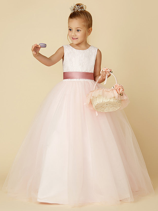 Long A-line Tulle Sleeveless Jewel Neck Flower Girl Dresses with Appliques Lace