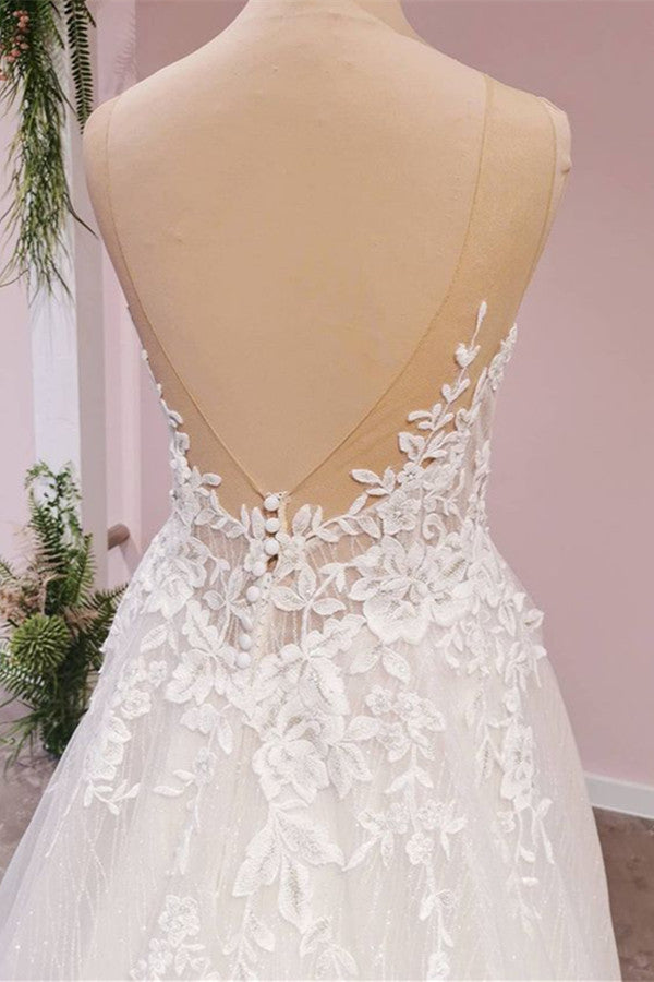 Long A-Line Appliques Lace Tulle Backless Sweetheart Floor Length Wedding Dress