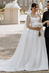 Satin Split Front Square Neck A-Line Satin Long Wedding Dress